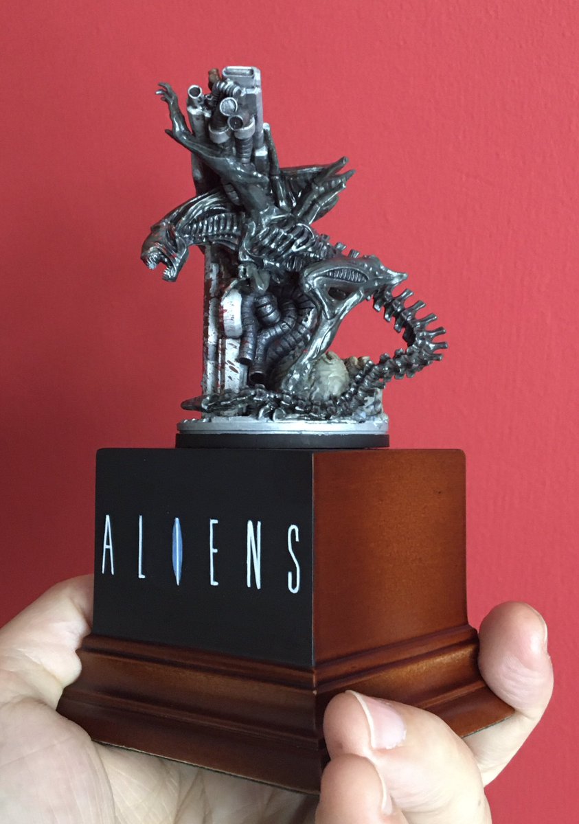 karl_artist's tweet image. Saved for ‘a rainy day’ or should I say a very rainy weekend a part-done model now completed. Just finished painting a rare &amp;amp; long out of production #prodos #alienqueen #aliens figurine; mounted with a hand painted logo to add to my collection.