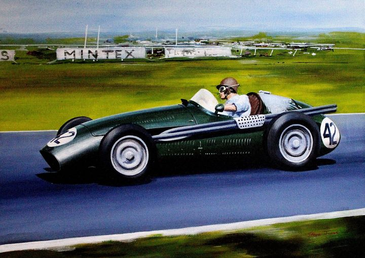 AutoTradition's tweet photo. Peter Collins 1955 British GP Aintree, Owen Racing Organisation, Maserati 250f, Acrylic on canvas. By Steve Jones. #Maserati #Legend #250f https://t.co/0Y38NIo2Ty