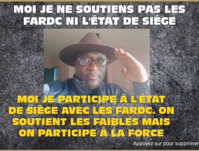magloirpaluku's tweet photo. JE NE SOUTIENS PAS L'ÉTAT DE SIÈGE. JE PARTICIPE A L'ÉTAT DE SIÈGE ET A LA FORCE DES FARDC. ON SOUTIENT CE QUI EST FAIBLE,LES FARDC SONT UNE FORCE. https://t.co/R7SdRnYrBq