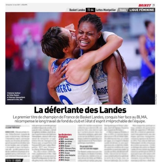 GaetanDelafolie's tweet photo. Le contre décisif de Julie Allemand en demi-finale, l'incroyable émotion de Céline Dumerc et Valériane Vukosavljević après le titre de Basket Landes... masterclass photo d'Alexis Réau dans @lequipe en couverture de ce #Final4LFB https://t.co/K8HvFWJMrv