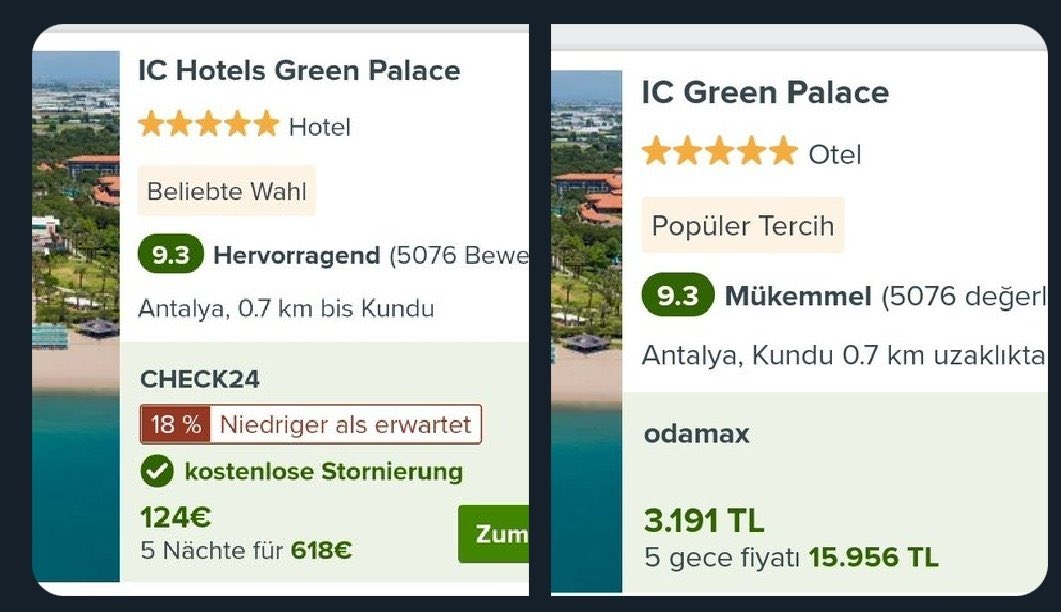 incicaps's tweet photo. İki otel, aynı odalar

•İlk otel Alman'a 6.346 TL, Türk'e 15.959 TL

•İkinci otel İngiliz'e 33.244 TL, Türk'e 58.194 TL https://t.co/a6U8wUZFdJ