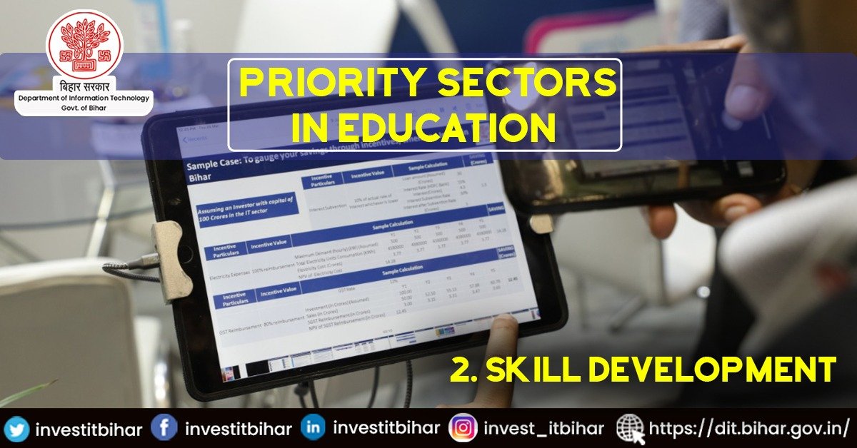 investitbihar's tweet photo. In the education sector,
#SkillDevelopment would be considered a #prioritysector, as per the Bihar Industrial Investment Promotion Policy, 2016.The #InvestmentOpportunities in this sector will be the Technical skill development centres imparting training with high-end equipment. https://t.co/8YZaJqNRed