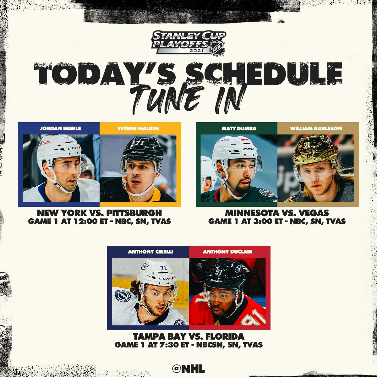 Three #StanleyCup Playoffs games on tap today:

<a href="/NYIslanders/">New York Islanders</a> vs. <a href="/penguins/">Pittsburgh Penguins</a>
<a href="/mnwild/">x - Minnesota Wild</a> vs. <a href="/GoldenKnights/">Vegas Golden Knights</a>
<a href="/TBLightning/">Tampa Bay Lightning</a> vs. <a href="/FlaPanthers/">Florida Panthers</a>

Game 1 coverage starts at 12p ET on @NHLonNBCSports and <a href="/Sportsnet/">Sportsnet</a>❗