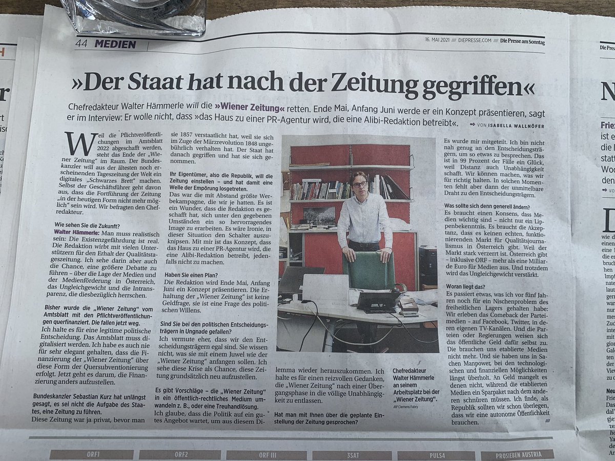 Zur Lage des Qualitätsjournalismus allgemein und der <a href="/WienerZeitung/">WZ | Wiener Zeitung</a> im Besonderen ein Interview von <a href="/Wallnoefer_Isa/">Isabella Wallnöfer</a> in der <a href="/DiePressecom/">Die Presse</a> am Sonntag.