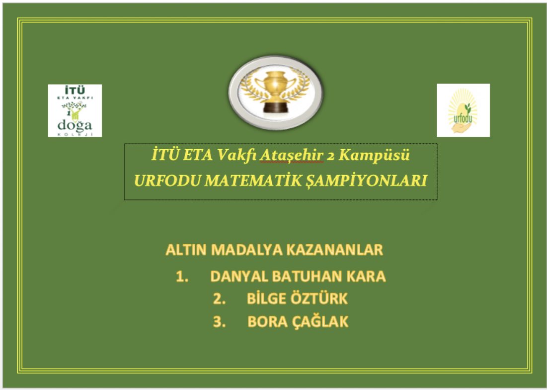 İTÜ ETA Vakfı Doğu Ataşehir Doğa Koleji Urfodu XVII.Uluslararası Bilim Temelli Bilgi Yarışması Finalinde Matematik Branşında🥇Altın Madalya kazanan öğrencilerimizi yürekten tebrik ediyoruz 💫 <a href="/DogaOkullari/">Doğa Koleji</a> <a href="/serozeren/">Serhat Özeren</a> <a href="/AliRizaLule/">Ali Rıza Lüle</a> <a href="/nurhansutlass/">Dr. Nurhan Sütlaş</a> 🎉