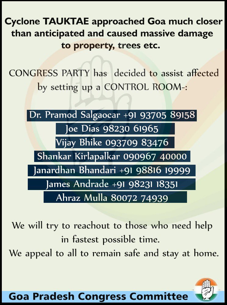 digambarkamat's tweet photo. As @BJP4Goa @GovtofGoa fails once again, Team @INCGoa will try to reach out to those who need help in fastest possible time. Please remain safe &amp; stay at home. I pray for well being of all. #CycloneTauktaeHitsGoa #BJPGovernmentFails #GoBJPGo https://t.co/fczlSdBMXP