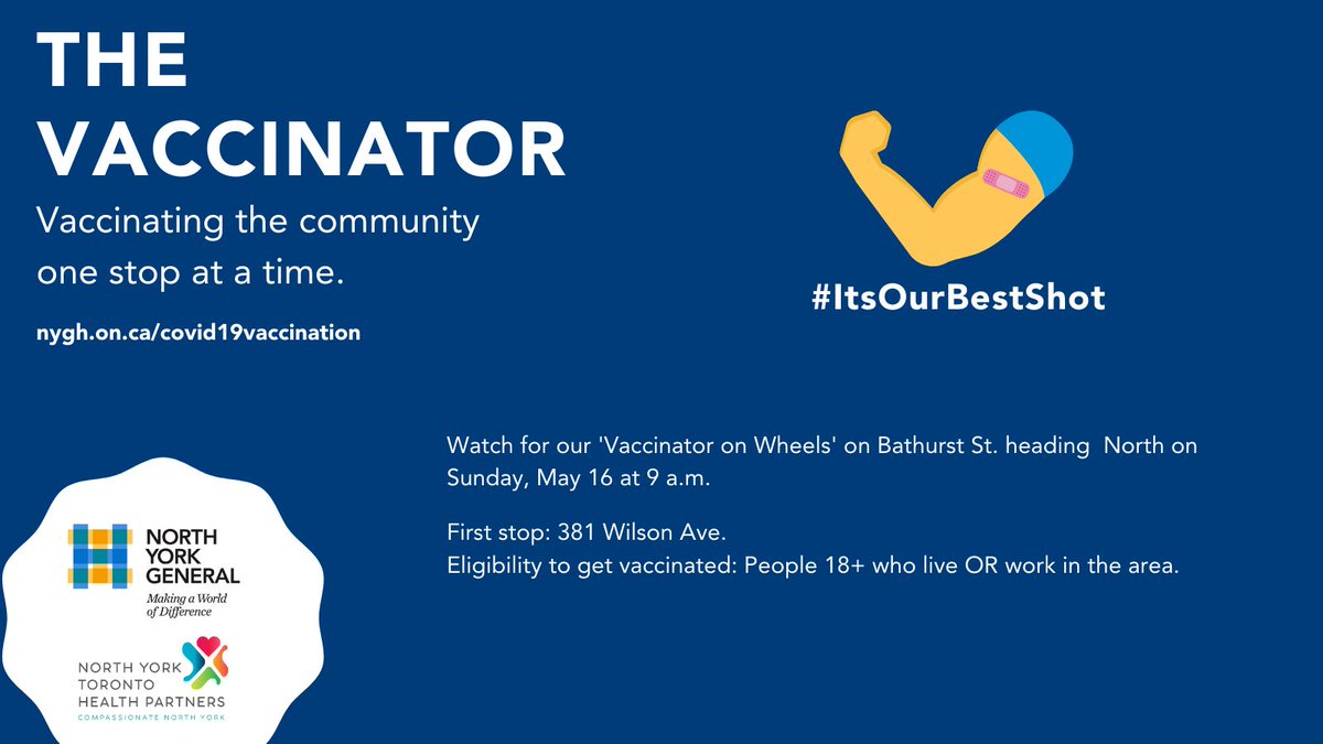 NYGH_News's tweet image. We'll be vaccinating our community one stop at a time today. Don't miss 'The Vaccinator' on wheels driving North on Bathurst St. making stops to vaccinate people 18+ who live or work in the area. Our first stop: 381 Wilson Ave. at 9 a.m.