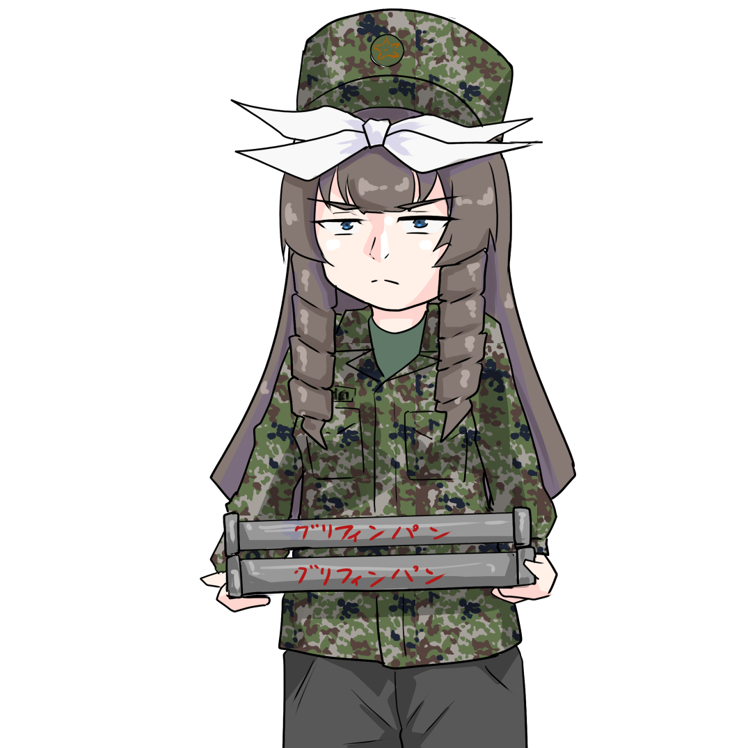1girl camouflage solo military brown hair white background hat  illustration images