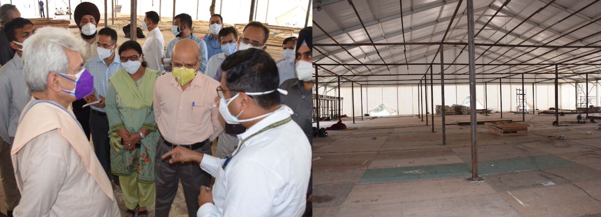 OfficeOfLGJandK's tweet photo. Today visited DRDO’s 500-bedded under construction Covid hospital at Bhagwati Nagar; took first-hand appraisal of ongoing work. The fully air conditioned make shift Covid facility with 125 ICU beds &amp; ventilators will be completed by May 25, 2021.

@DRDO_India
@MoHFW_INDIA https://t.co/lpEWMEEmvv