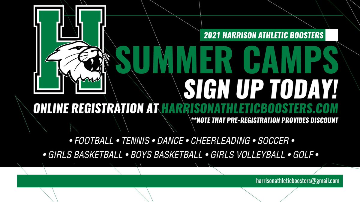 Summer Sports Camp season is almost here!  Have you registered your athlete yet?  Get it done today at harrisonathleticboosters.com.  Remember, pre-registration provides a discount!  #ThinkBig #FindYourGreatness