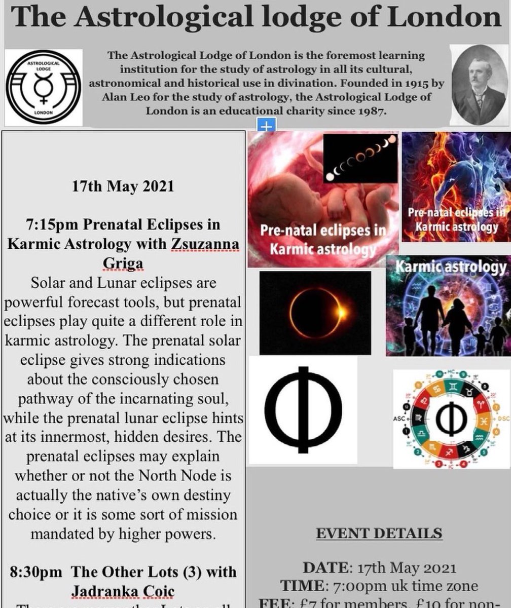 AstrologyLodge's tweet photo. Monday 17th 2021 - Beginners Class in Vedic Astrology with @CircleofDivine on the Soul King - and its Karma; Links drop a line to Sonalsach108@gmail.com
7:15 pm Zsuzanna Griga Prenatal eclipses before birth
8:30 pm with Jadranca Coic on Other Lots; tickets https://t.co/XvVXtSjbKg https://t.co/nswP3u7fCo
