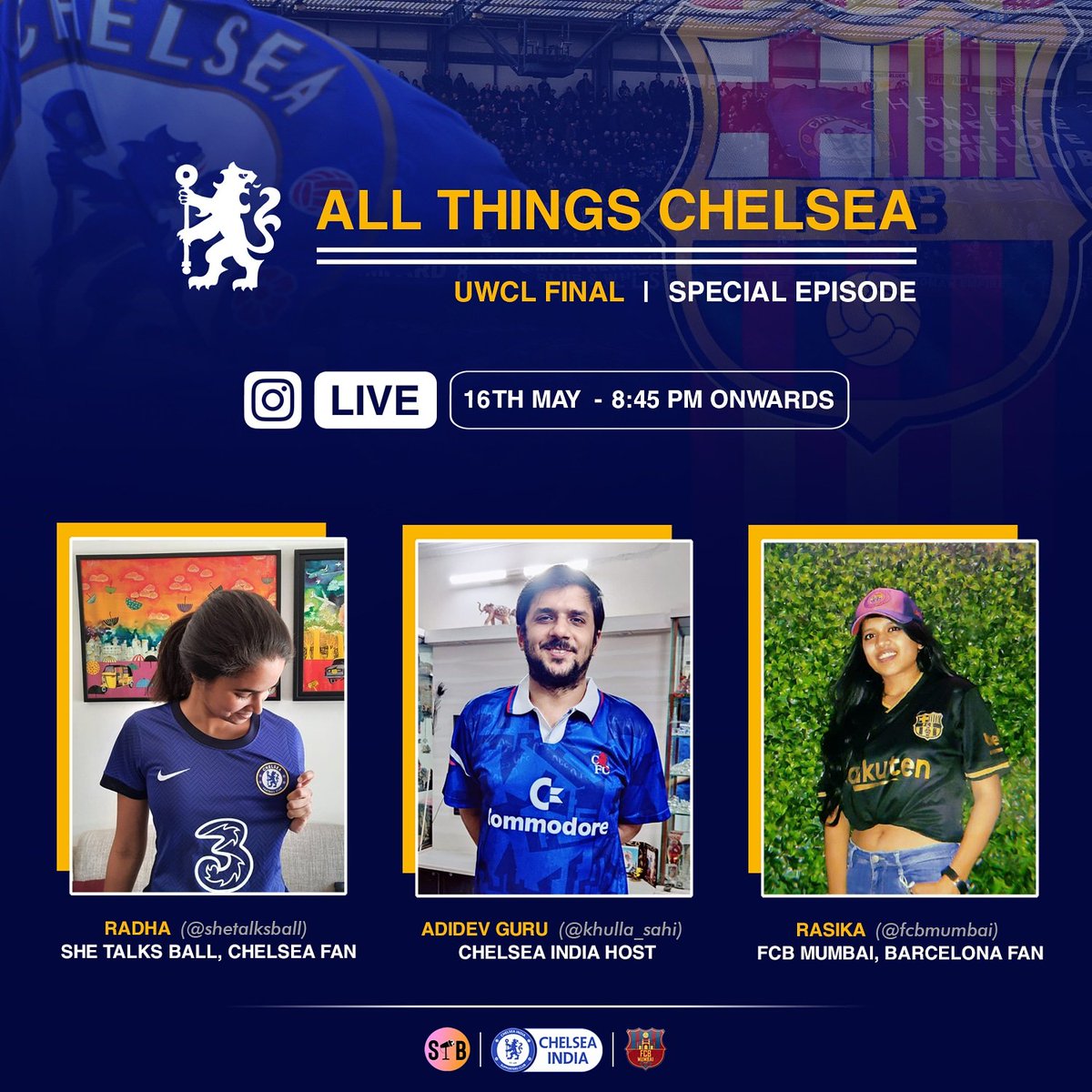 CiscValsad's tweet photo. Matchday today and we are back again with another special episode of #AllThingsChelsea tonight, as our host @psychedguru welcomes Radha from @SheTalksBall alongside Rasika from @fcbmumbai https://t.co/dExmSE03U4