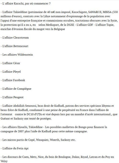 lapin47's tweet photo. Liste INCOMPLÈTE des #Affaires pas toutes judiciaires de Nicolas #Sarkozy avec ses amis de l'#UMP & co.
#Woerth #Bettencourt #Kadhafi #Bismuth #Libye #Herzog #Azibert #Clearstream #Servier #Gandrange #H1N1 #Pérol #escrocs #corruption #Takieddine #Compiègne #Karachi #Wildenstein https://t.co/kRF8CyjzvB