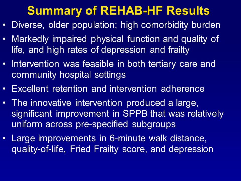 REHAB-HF: Diverse, older pop w acute HF regardless of EF (~73 yo, &gt;50% women, &gt;45% Black pts, 53% HFpEF): Early, multi-domain, progressive rehab intervention improved physical function, frailty, QOL, &amp; depression. Need phase 3 trial #ACC21 #cardiotwitter nejm.org/doi/full/10.10…