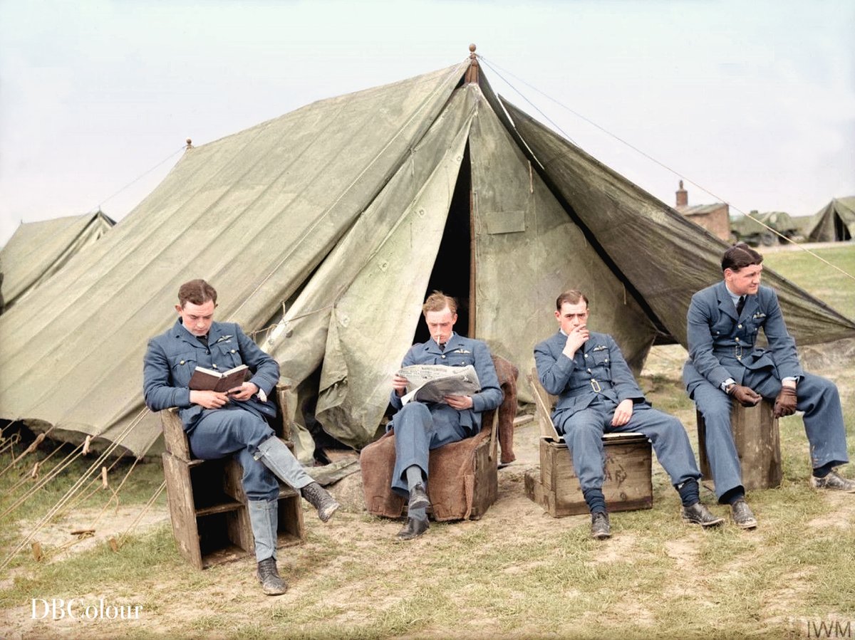 Blenheim officer pilots of No. 139 Squadron RAF relax outside their crew tent at Plivot. ca. April 1940
© IWM C 1349