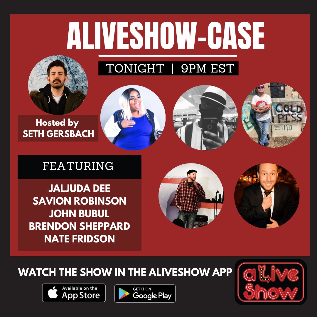 aLiveShowApp's tweet photo. Join us tonight for a fun filled aLiveShow-case! 9pm EST
Hosted by Seth Gersbach and featuring sets by:
Jaljuda Dee, Savion Robinson, John Bubul, Brendon Sheppard, Nate Fridson
#virtualcomedyshow #standupshow #virtualcomedy @jaljuda @natefridson https://t.co/8vOHLgQm4x
