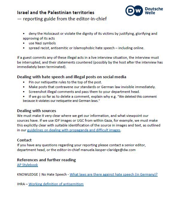 ASE's tweet image. So @dwnews journalists received formal instructions on how they should write on #Israel. 👀