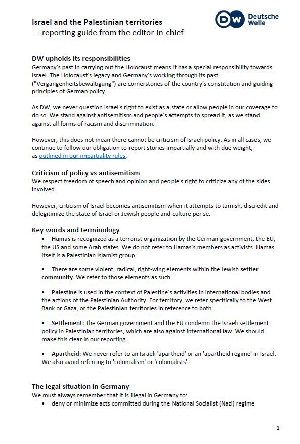 ASE's tweet image. So @dwnews journalists received formal instructions on how they should write on #Israel. 👀