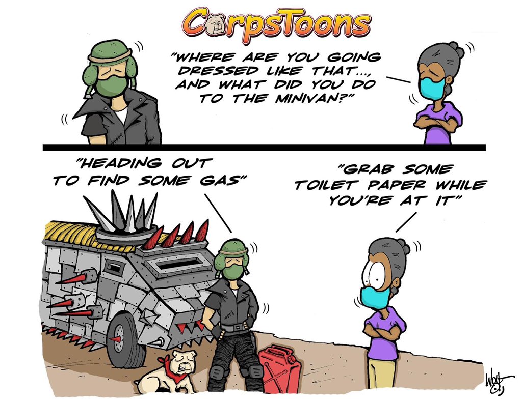 MCB_Quantico's tweet image. Too soon, America....?
We bet some of you were dusting off those leather jackets.
#CorpsToons Sunday
#FuelShortage #pipelinehack #toiletpaper #gasoline #madmax