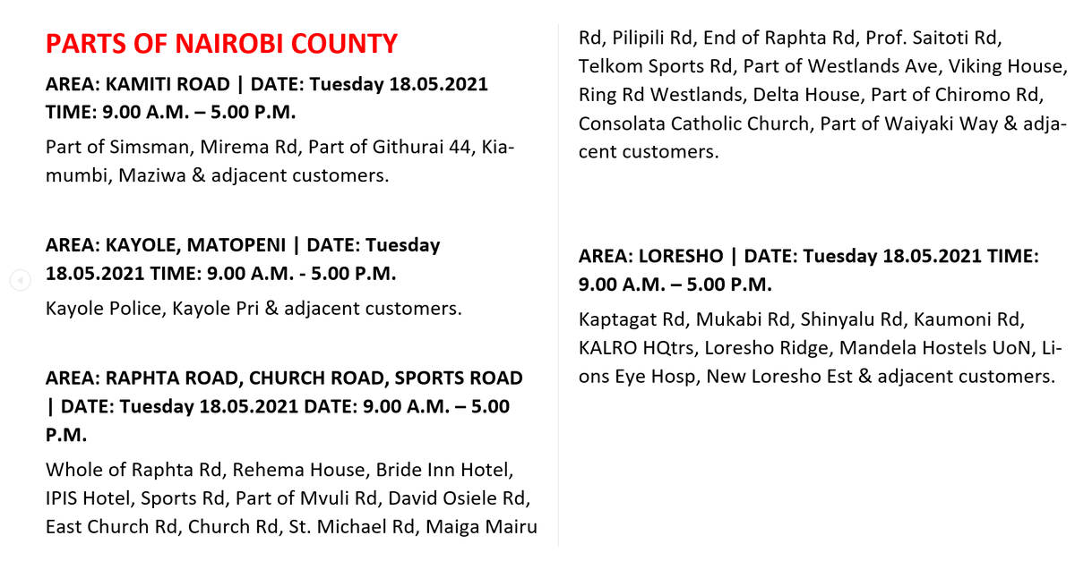 KenyaPower_Care's tweet photo. Good afternoon to our customers.

Tomorrow will see the listed areas affected by planned power interruptions. The interruption is for network maintenance. For the advance notice, use https://t.co/mzD2qgRcwK

To access the latest schedule, check under the most recent date. ^SW https://t.co/XP5ZWpRUV8