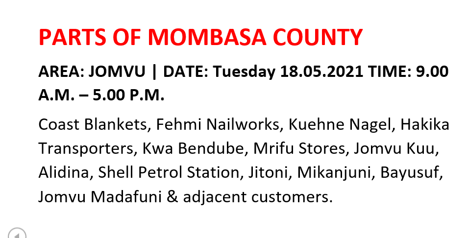 KenyaPower_Care's tweet photo. Good afternoon to our customers.

Tomorrow will see the listed areas affected by planned power interruptions. The interruption is for network maintenance. For the advance notice, use https://t.co/mzD2qgRcwK

To access the latest schedule, check under the most recent date. ^SW https://t.co/XP5ZWpRUV8