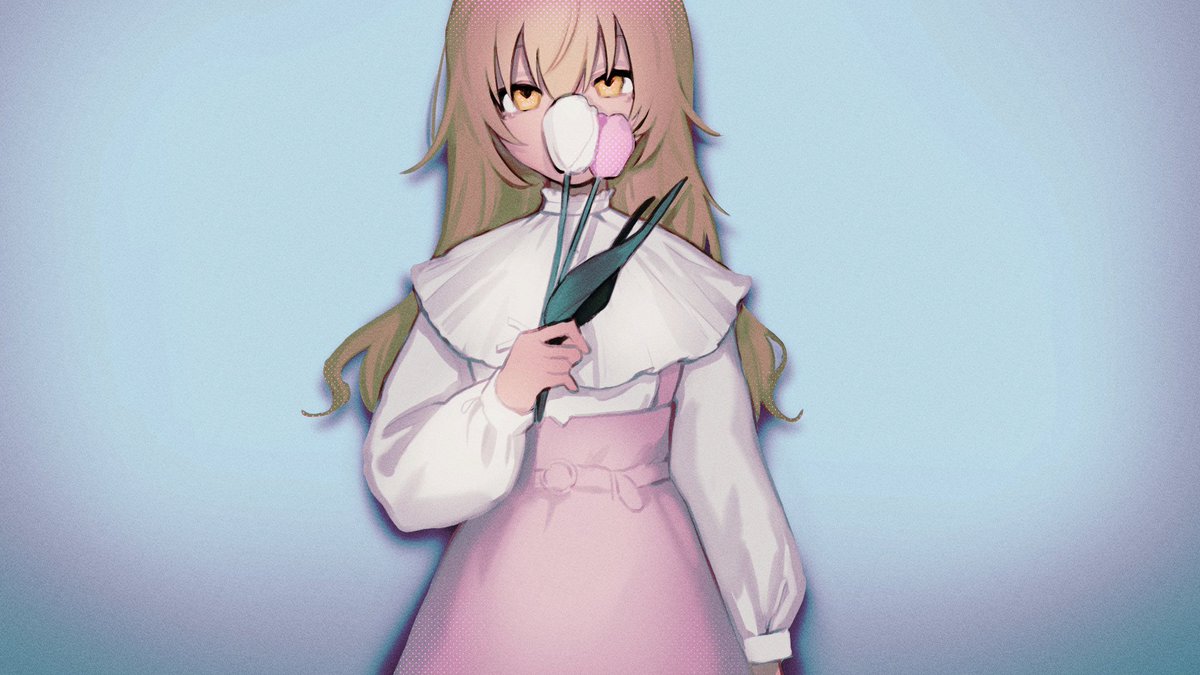 1girl solo flower holding long hair holding flower long sleeves  illustration images