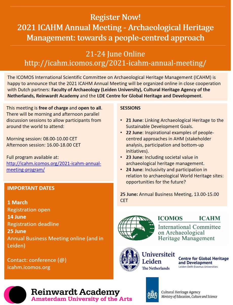 The Conference Team of the 2021 ICAHM Annual Meeting ‘Archaeological Heritage Management: Towards a People-centered Approach’ are proud to present the full conference programme. The programme is available online: bit.ly/3bwzoSR.