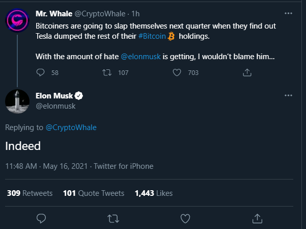 Depression Btc S Tweet Wow Elonmusk Just Implied That He Will Be Selling All Of His Btc Holdings Trendsmap