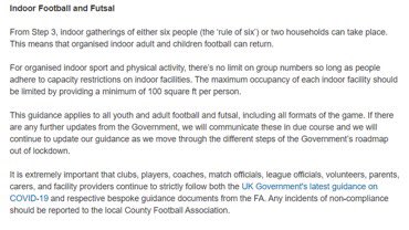From tomorrow, the guidance for non-elite football changes.

🔹Fans are allowed (4000 or 50% of capacity, whichever is lower)

🔹Indoor football is allowed

🔹Club houses can be used indoors (within Government guidelines)

👉 thefa.com/news/2021/may/…