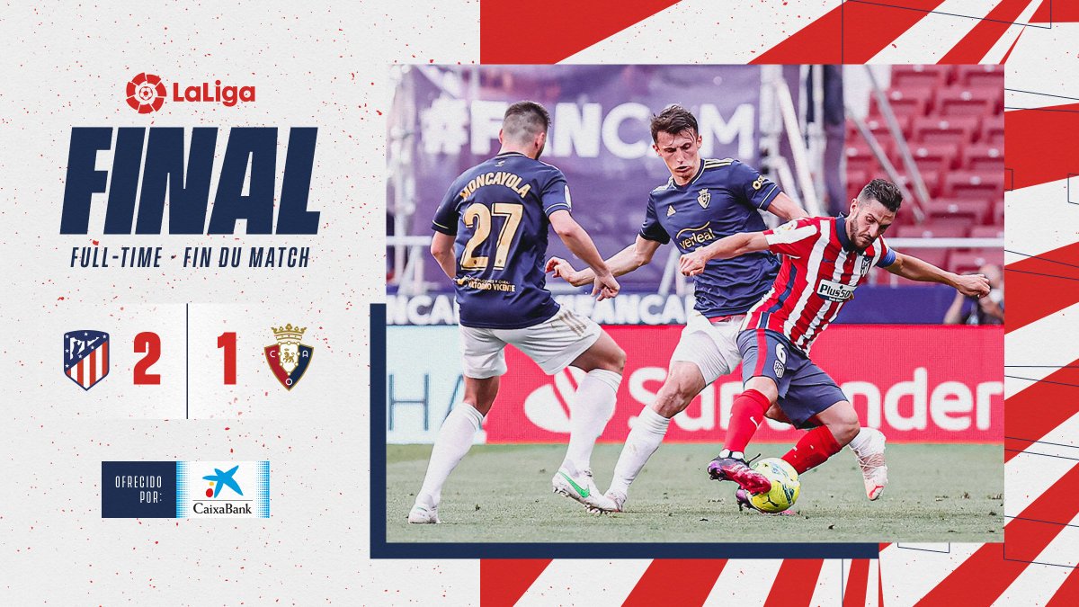 Atleti's tweet image. ⏱ 90&apos;+5&apos; | #AtletiOsasuna  2⃣-1⃣

➕3⃣ ¡ 𝗥𝗘𝗠𝗢𝗡𝗧𝗔𝗗𝗔 DE INFARTO ! 

👊 ¡ ＳＥＧＵＩＭＯＳ ！👊

🔴⚪ #AúpaAtleti