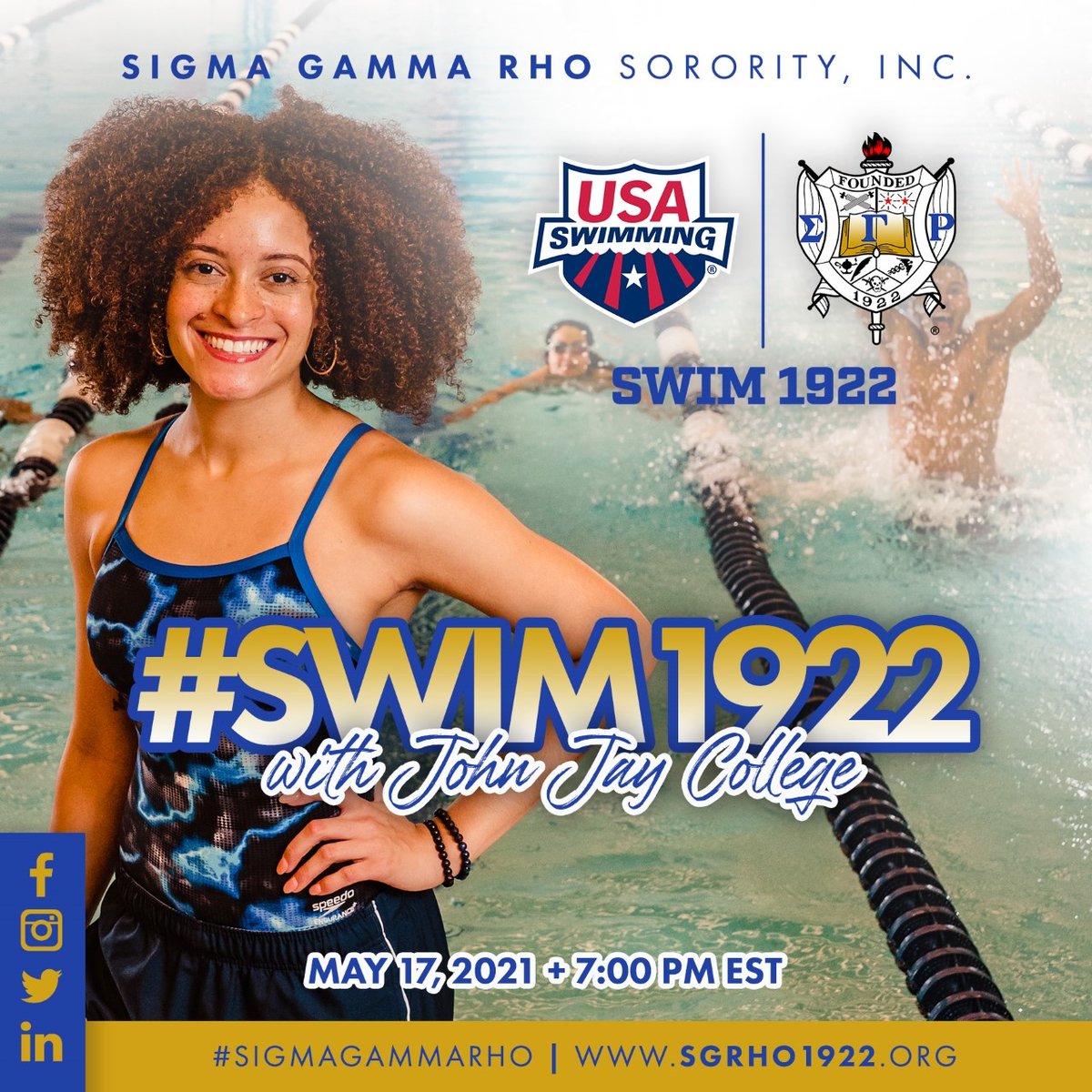 Mark your calendars to attend a fun and engaging Swim 1922 virtual clinic tomorrow May 17, 2021 at 7pm est/ 6pm cst/ 4pm pst, with John Jay College and special guest Soror Maritza McClendon!  Register at sgrho1922-org.zoom.us/meeting/regist…