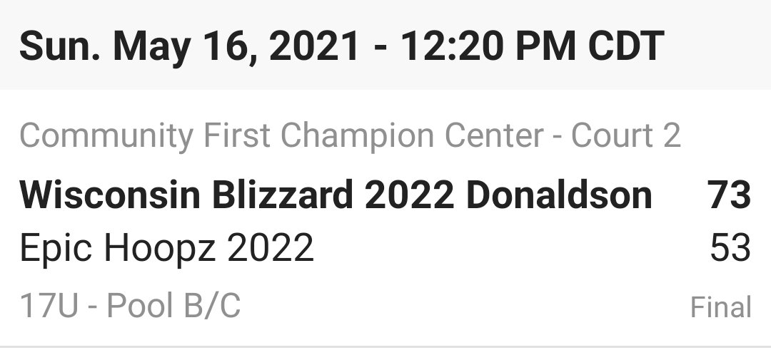 <a href="/WI_Blizzard/">Wisconsin Blizzard</a> 2022 Donaldson with the win. Great ball movement on offense!
<a href="/ParkerPrahl/">Parker Prahl</a> 21pts
<a href="/kvanasten22/">Kvanasten22</a> 17
<a href="/Luke_pautz5/">Luke</a> 8
<a href="/donaldson_brock/">Brock Donaldson</a> 7
<a href="/JJPaider/">JJ Paider</a> 6 &amp; 8 rbds
<a href="/JebNytes/">Jeb Nytes</a> 6
@rseckar22 3 &amp; 4 assists
