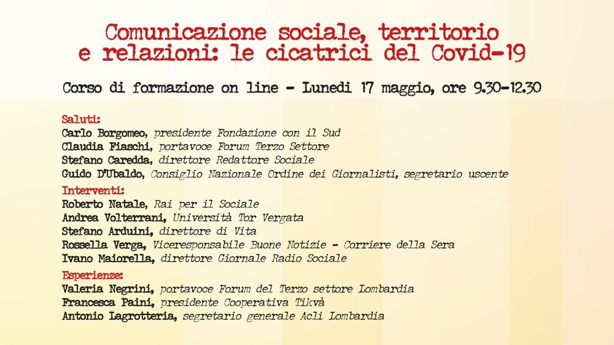 📣 Domani il corso "Comunicazione sociale, territorio e relazioni: le cicatrici del Covid-19"

👥 Tra gli interventi:
Claudia Fiaschi <a href="/forumterzosett/">Forumterzosettore</a>
Stefano Caredda <a href="/RedattoreSocial/">Redattore Sociale</a>
Carlo Borgomeo <a href="/ConilSud/">Fondazione CON IL SUD</a>
Roberto Natale @RaiperilSociale
Stefano Arduini <a href="/VITAnonprofit/">VITA.it</a>