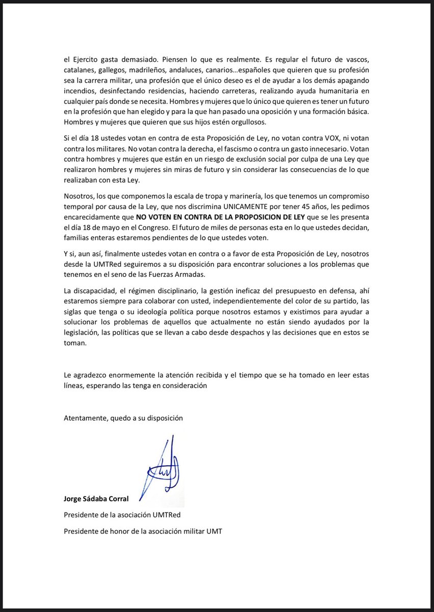 RedUmt's tweet image. Carta de nuestro presidente @GorkaSadaba a todos los diputados nacionales sobre la modificación de la Ley de Carrera Militar 18mayo @PPCongreso @PSOE @PODEMOS @CiudadanosCs @VOX_Congreso @eltorotv @COPE @libertaddigital @elmundoes @rne @anarosaq @informativost5 @telediario_tve