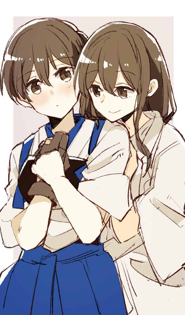 akagi (kancolle) ,kaga (kancolle) multiple girls 2girls japanese clothes long hair brown hair blue hakama brown eyes  illustration images