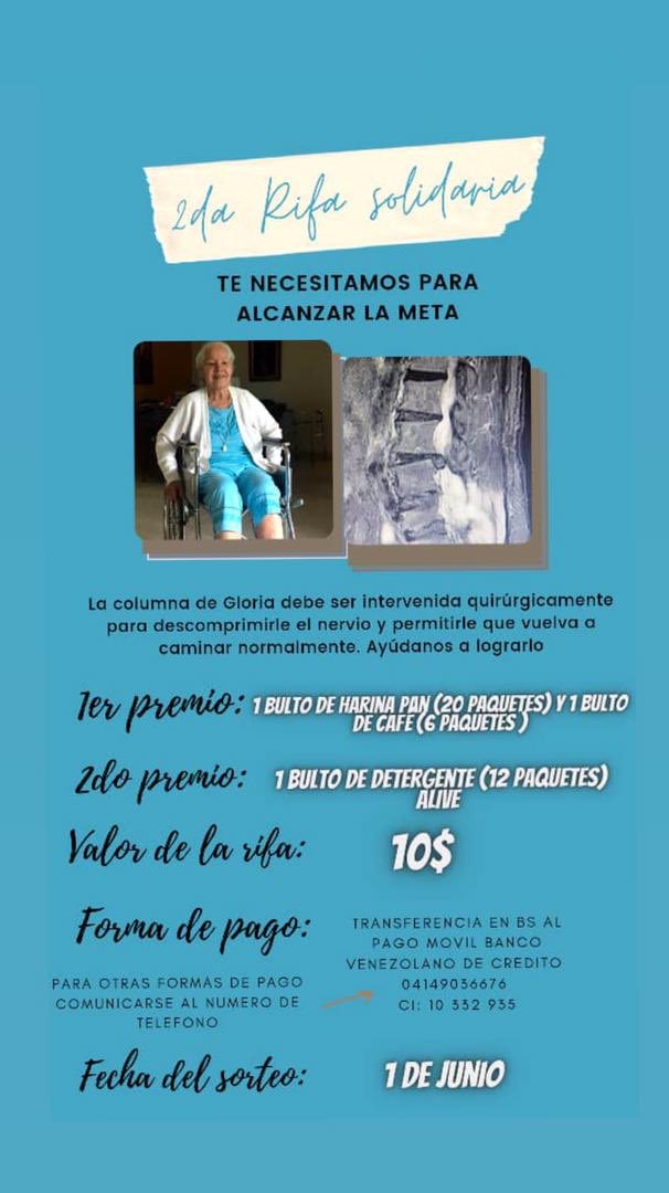 rodriguezmariae's tweet photo. Mi tía vive en Caracas y necesita operarse de emergencia de la columna. Su problema compromete la movilidad. Les agradezco si pueden ayudarme a difundir la información sobre esta rifa para recaudar fondos. Gracias a todos 🙏🏻 https://t.co/vtPVQDHvmV