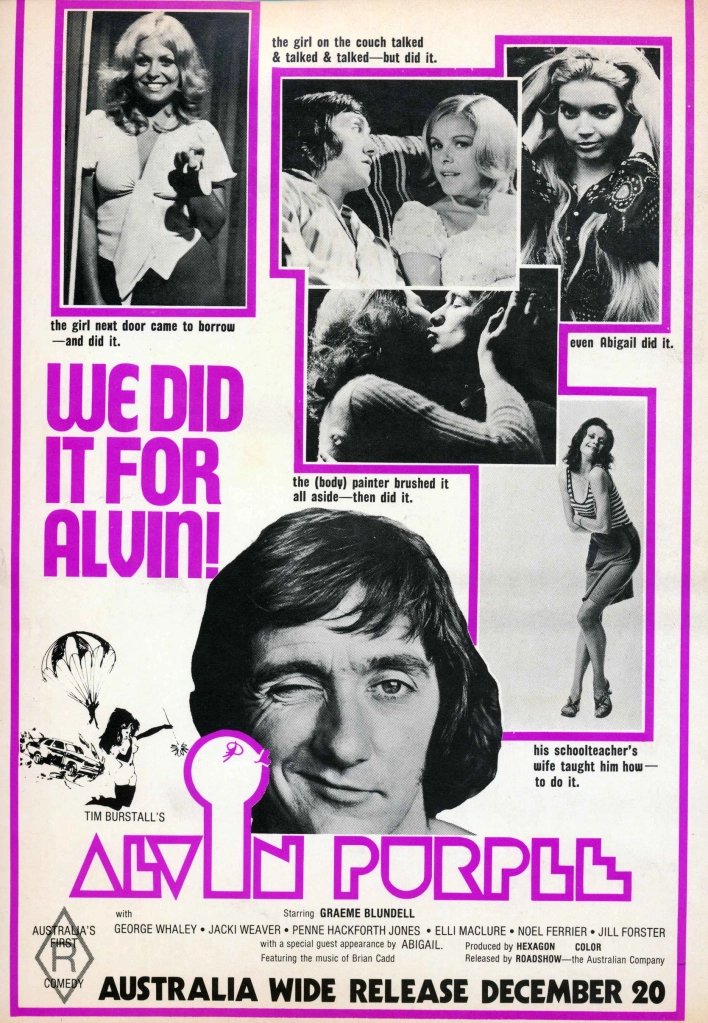 Alvin Purple is a 1973 Australian sex comedy film starring Graeme Blundell. It became the most commercially successful Australian film released to that time, breaking the box office record previously set by Michael Powell's feature They're a Weird Mob (1966). #PopCulture