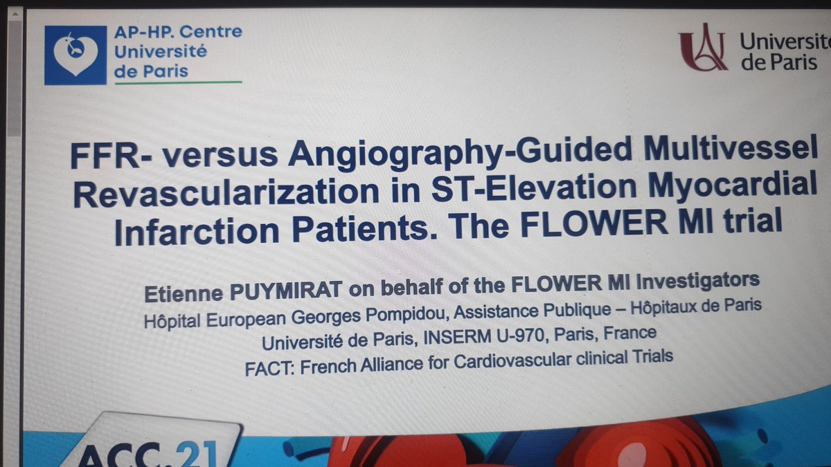 #FLOWERMI

STEMI &amp; MVD who got MV revasc during index hospitalizations

☆ 1 yr MACE events: low
☆ investigators preferred staged non culprit revasc
☆ FFR guided PCI of non IR lesions NOT ⬇️ D/reinfarct/1 yr revasc c/w angio guided 
☆ cost favor angio guided PCI

#ACC21