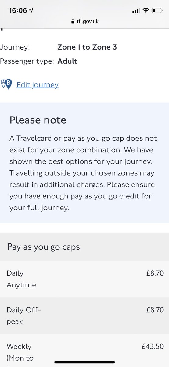 emsieangus's tweet image. Hey @TfL, last week I travelled zone 1 - 3 for two days.
Your website states the daily cap is £8.70 but the first day £9 was deducted from my account and the second day £9.90 was deducted.
Am I missing something?