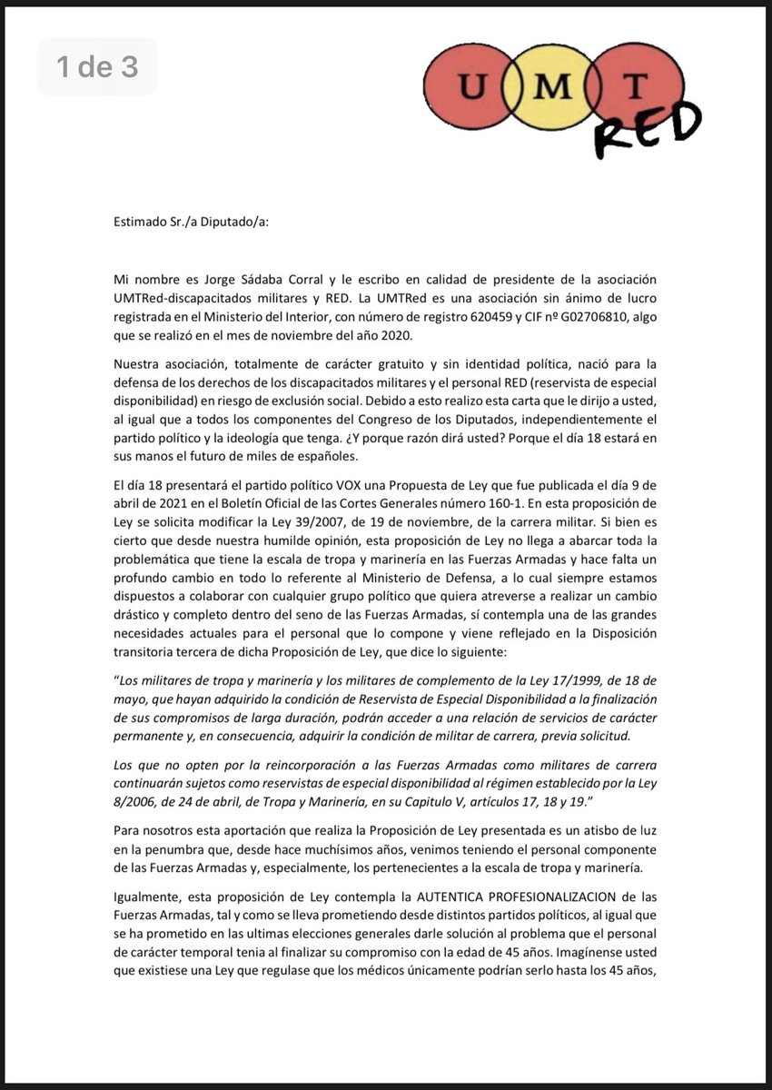 tamayadas_1977's tweet image. Carta del presidente @GorkaSadaba @RedUmt a todos los diputados sobre la modificación de la Ley de Carrera Militar 18mayo @PPCongreso @PSOE @gpscongreso @PodemosCongreso @CiudadanosCs @VOX_Congreso @ldpsincomplejos @FJL_dice @libertaddigital @elmundoes @carlos__alsina @anarosaq