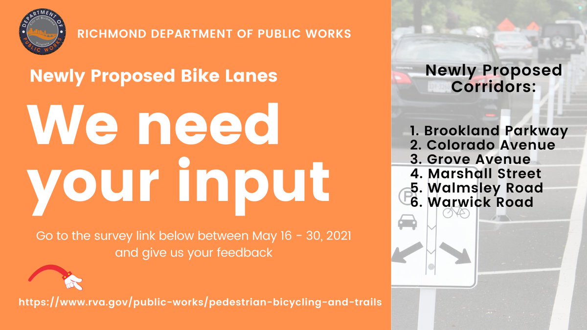 We need your feedback. Help us improve bike infrastructure in Richmond by taking our online survey to share your thoughts on the six newly proposed bike lanes. The survey will be available until Sunday, May 30   rva.gov/public-works/p… #BikeRVA, #1RVA, #VisionZeroRVA <a href="/000RVA/">RVAVisionZero</a>