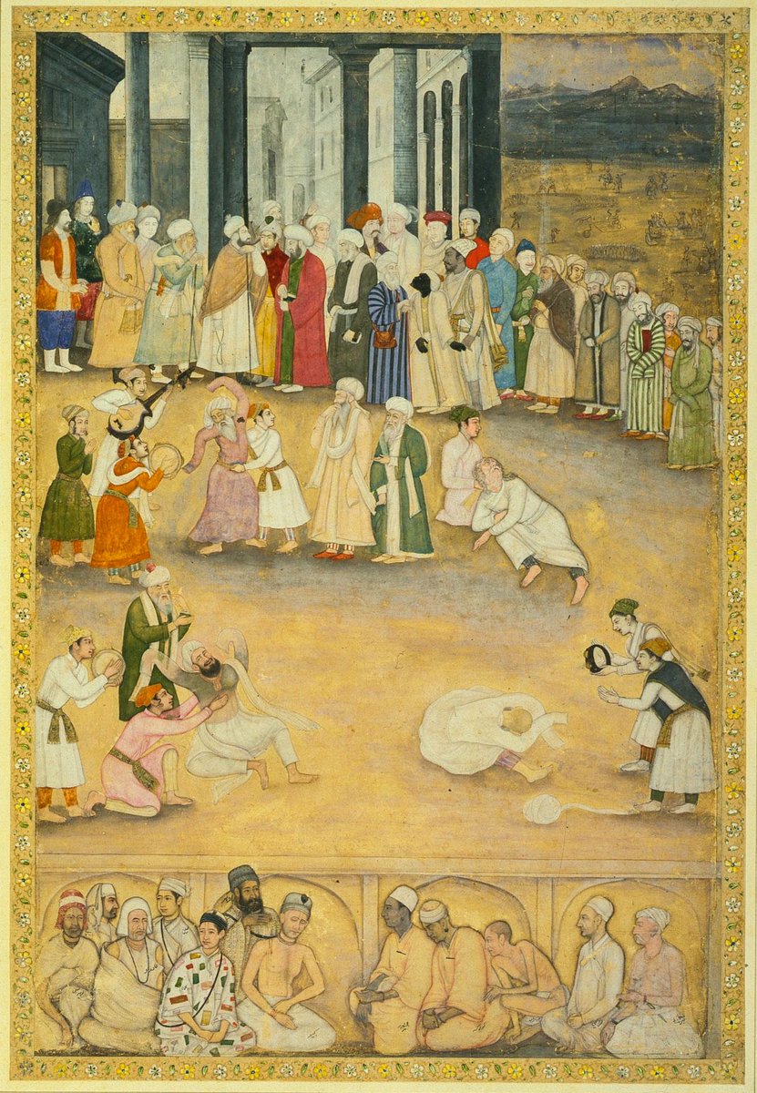 #InternationalDayofLivingTogetherInPeace, c1650 AD painting from @V_and_A of 'A Whirling Dance Performance at #Chishti Dargah, #Ajmer being Watched by 2 Europeans and African, Indian & Persian Muslims and, 12 Hindu Saints of 15-17th cent.
@Peachtreespeaks @DalrympleWill @iamrana