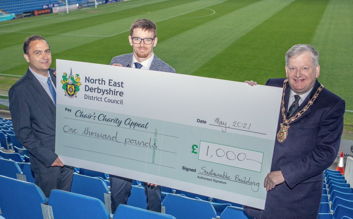 Martin Thacker, chair of @nedDC & co-vice chairman of the club, has received £1,000 from Sustainable Building for his charity appeal, raising funds for @Ashgate_Hospice. Martin is pictured with Robin Evans (left) and Daniel Owens (centre).
