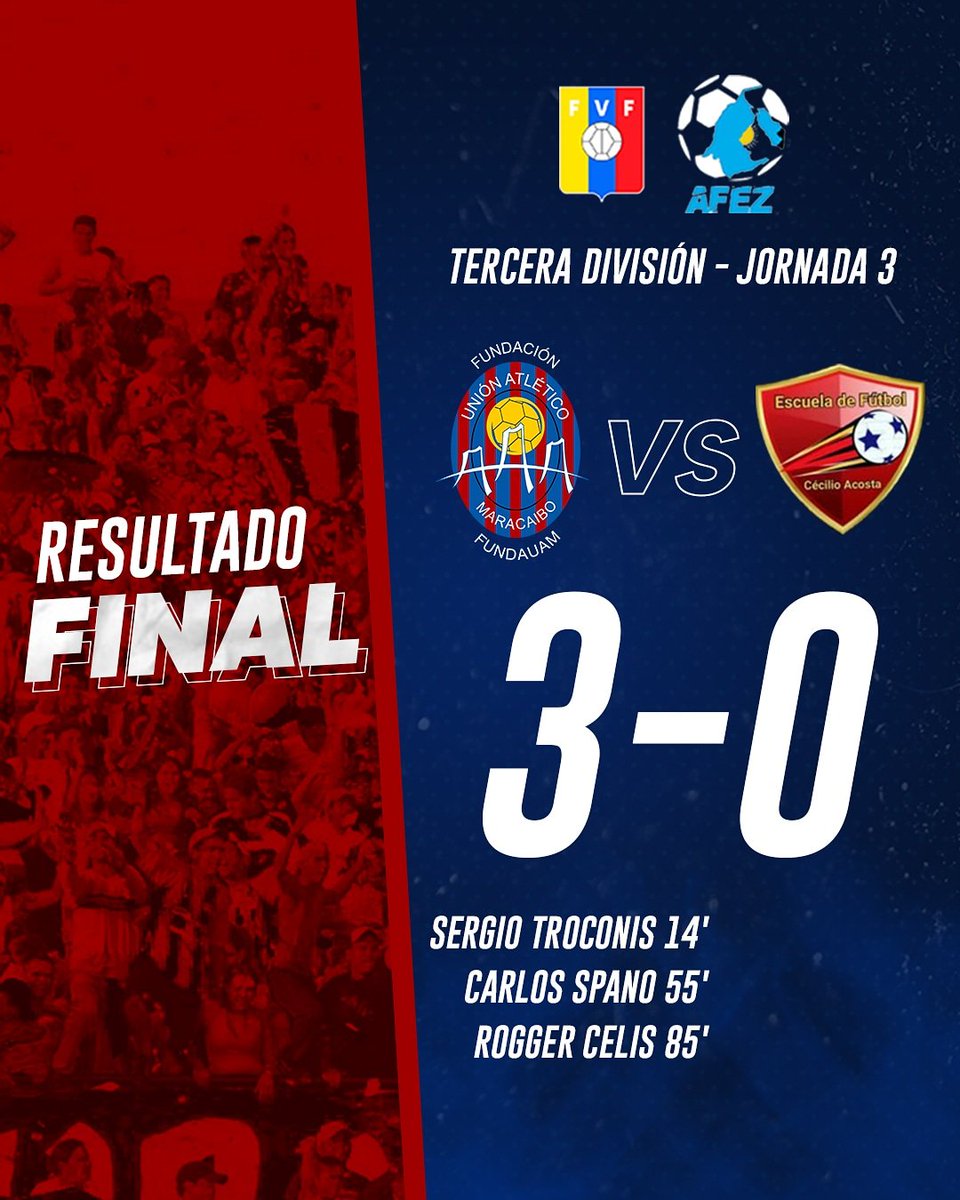 ¡DEBUT CON GOLEADA! 🔥

Fundauam inició su camino por la tercera división ganando 3-0 sobre #CecilioAcosta en la cancha Giuseppe Costa. 💪🏻

Sergio Troconis abrió el marcador, seguido por Carlos Spano y Rogger Celis, quienes sentenciaron los primeros tres puntos en el torneo. 😍