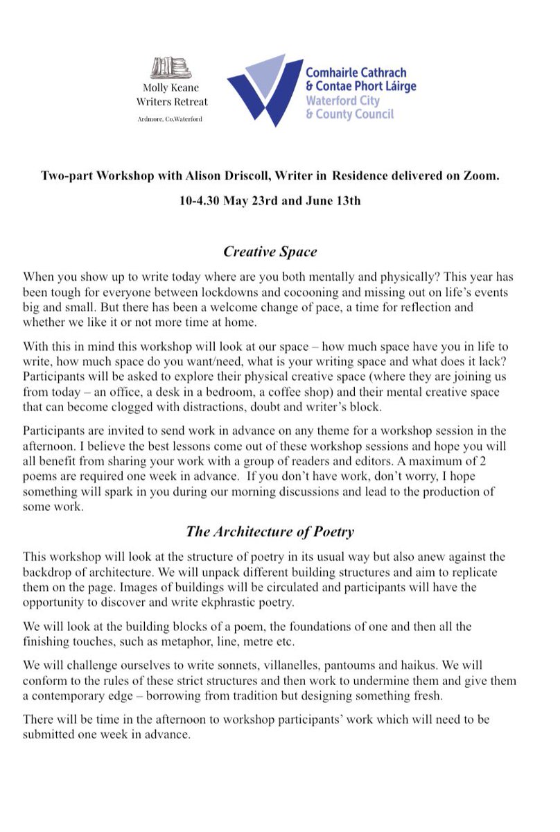 keane_house's tweet photo. Limited spaces available for the workshop with @AlisonDriscoll5. Fabulous opportunity to work on your craft and technique! @WaterfordLibs @corkcitylibrary @poetryireland @MunLitCentre @wcorklitfest @EnglishUCC @WaterfordArts @LaniohanlonO @Wwritersweekend @WaterfordPocket https://t.co/wWUcql74rf