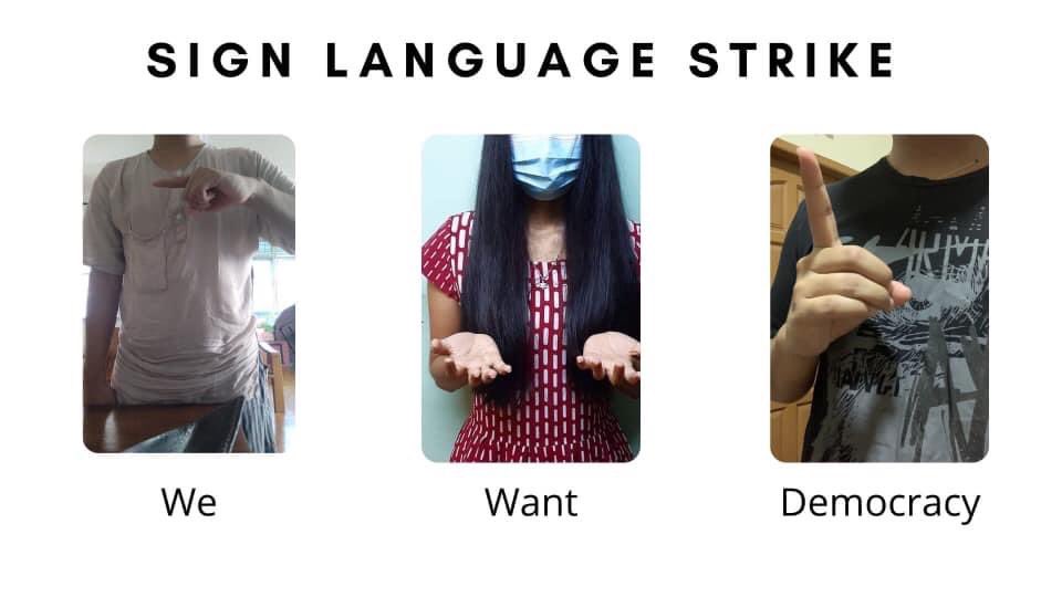 klatpri's tweet photo. A Sign Language Strike was launched by young people today, representing deaf, dumb people from all over Myanmar. #WhatsHappeninglnMyanmar #MilkTeaAlliance #May16Coup #HumansAreNotShields #NoFlyZoneInMyanmar https://t.co/ukM5HKzSQO