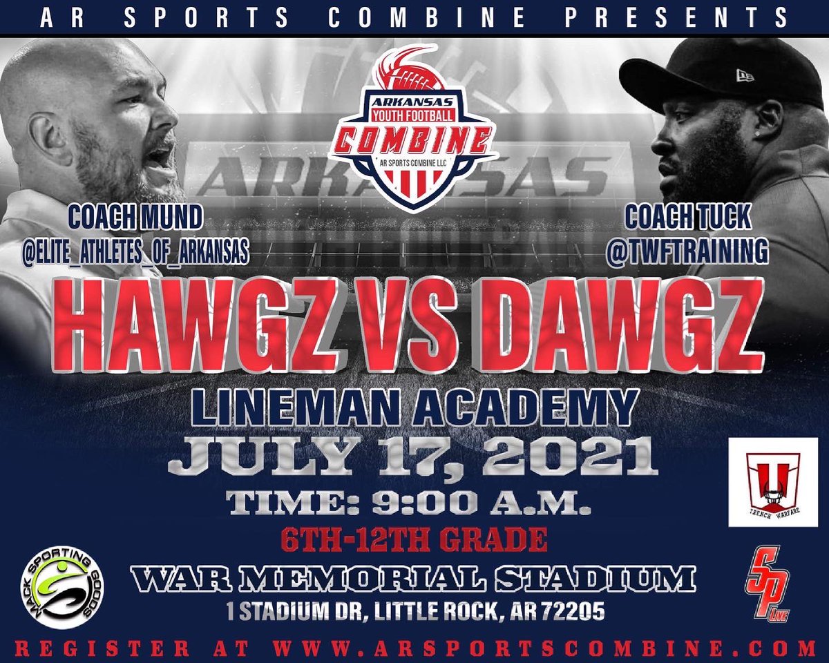 Arkansas Sports Combine (@arsportscombine) on Twitter photo Tag the top lineman in your region
Hawgz Vs Dawgz Lineman Academy
Saturday April 17, 2021-War Memorial Stadium Little Rock, AR
Learn from <a href="/CoachJaceMunds/">Kratos Power & Speed Performance</a> <a href="/twftraining/">Brandon Tucker / Trenchwarfare</a>
Come learn how to dominate at the line of scrimmages.
No Walk ups are allowed Tag the top lineman in your region
Hawgz Vs Dawgz Lineman Academy
Saturday April 17, 2021-War Memorial Stadium Little Rock, AR
Learn from <a href="/CoachJaceMunds/">Kratos Power & Speed Performance</a> <a href="/twftraining/">Brandon Tucker / Trenchwarfare</a>
Come learn how to dominate at the line of scrimmages.
No Walk ups are allowed