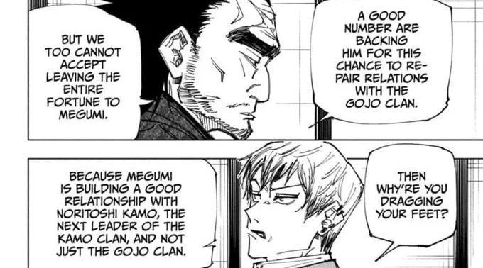 Yeah yeah, Megumi as Zen'in head could repair the relation with the Gojo clan because the two heads are in such a good relationship, and even without Satoru the Gojo clansmen will still be on his side because m a r r i e d 