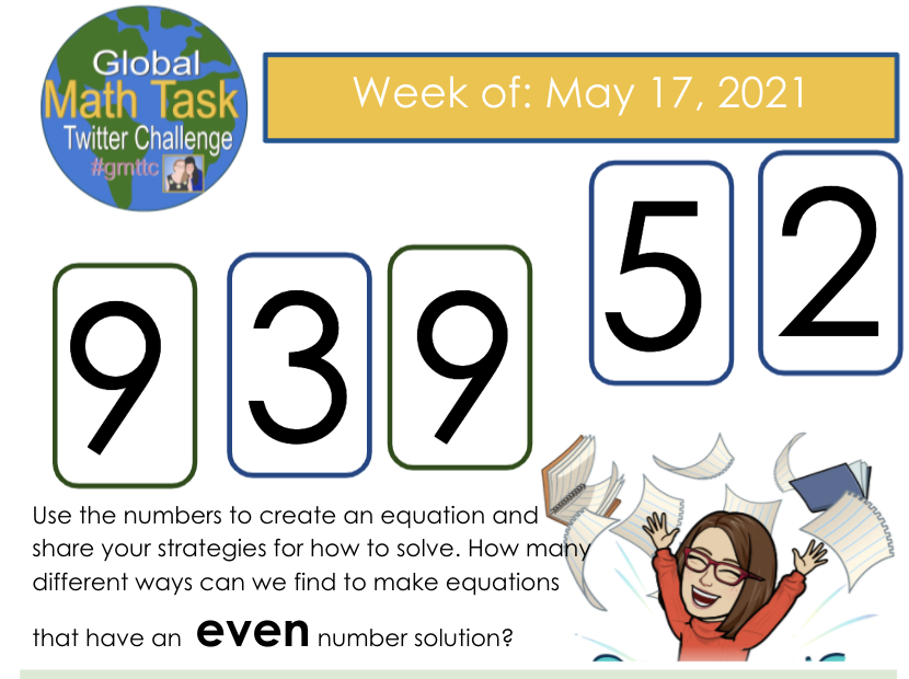 globalmathtask's tweet image. Here’s the last set of numbers for the  #gmttc challenge this year. 
How many different equations can you create that will have an EVEN  number as a solution?
Share your #Maths  strategies!
Looking forward to seeing what you create!
#iteachmath
