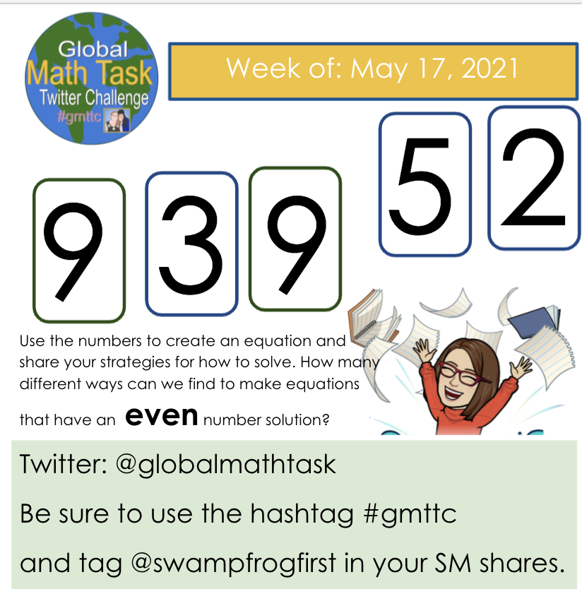 globalmathtask's tweet image. Here’s the last set of numbers for the  #gmttc challenge this year. 
How many different equations can you create that will have an EVEN  number as a solution?
Share your #Maths  strategies!
Looking forward to seeing what you create!
#iteachmath